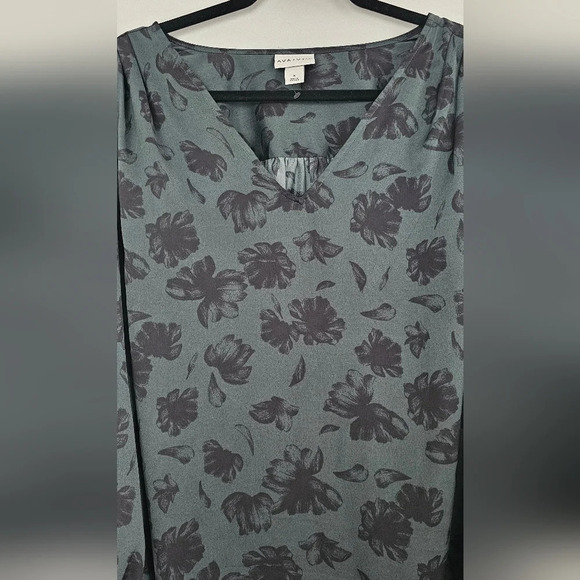 Ava & Viv Hunter green silk blouse w, black floral print. - Picture 2 of 6